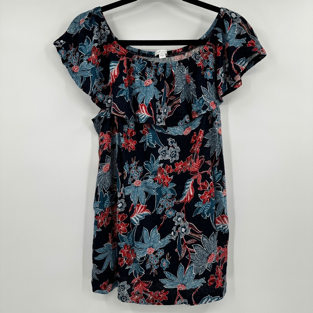 J Jill Love Linen Floral Off the Shoulder Ruffle Top Botanical Natural Coastal